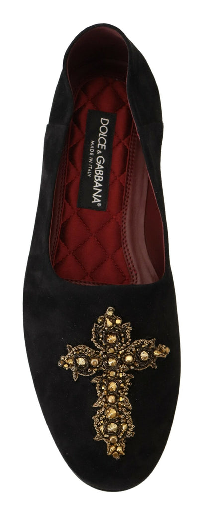 Dolce &amp; Gabbana – Slipper aus schwarzem Wildleder mit goldenem Kreuz