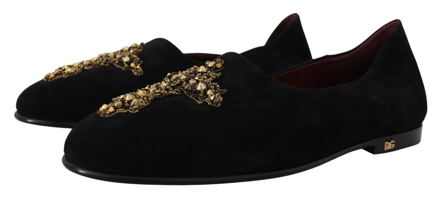 Dolce &amp; Gabbana – Slipper aus schwarzem Wildleder mit goldenem Kreuz