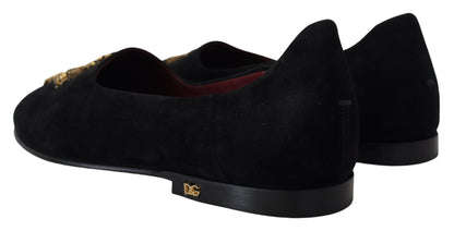 Dolce &amp; Gabbana – Slipper aus schwarzem Wildleder mit goldenem Kreuz