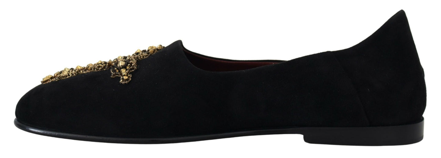 Dolce &amp; Gabbana – Slipper aus schwarzem Wildleder mit goldenem Kreuz