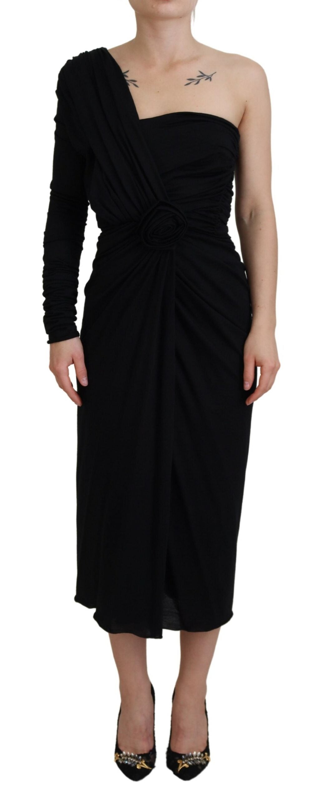 Dolce &amp; Gabbana Schwarzes Wickelkleid aus Wolle mit One-Shoulder-Träger