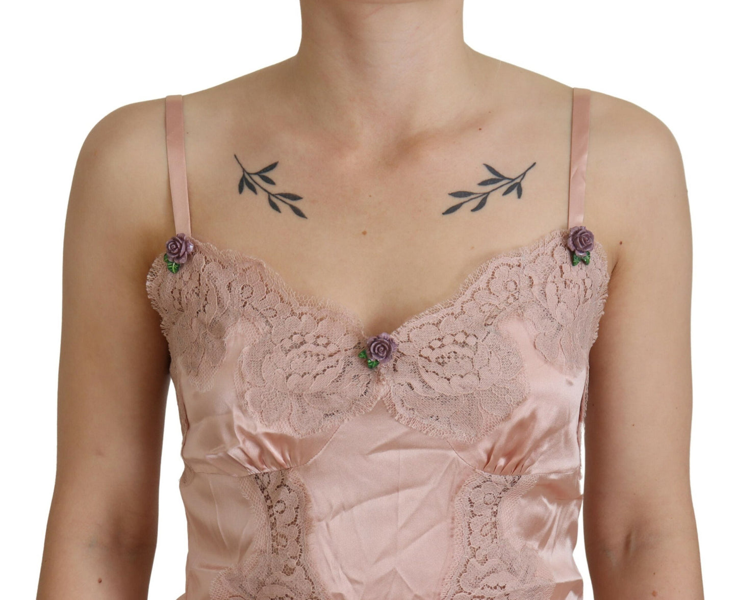 Dolce &amp; Gabbana – Tanktop mit rosa Satinspitze und Rosen