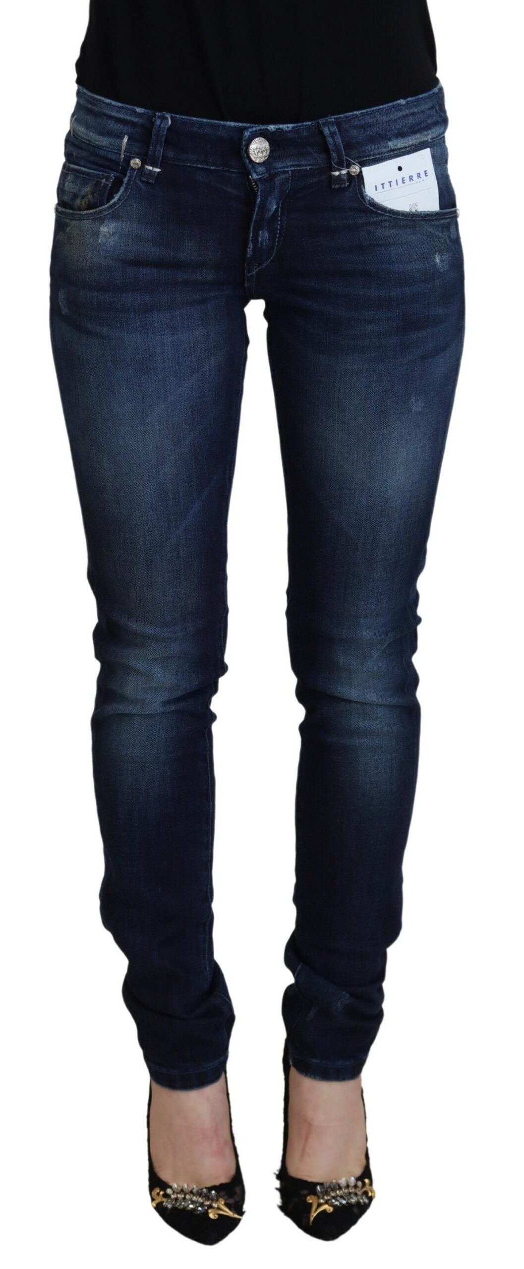Acht Blaue, schmal geschnittene Damen-Jeans aus Baumwolle mit niedriger Taille