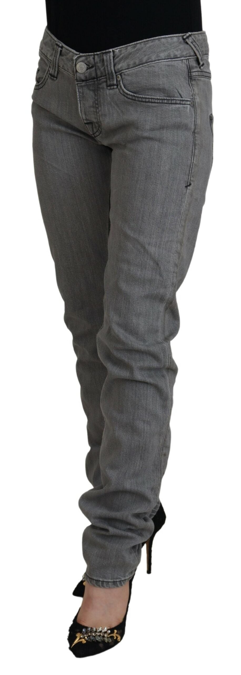 Pflegeetikett Grau gewaschene Baumwolle Skinny Damen Casual Denim Jeans