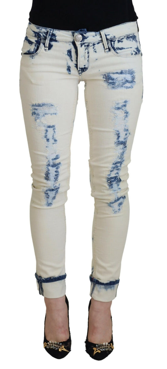 Acht Weiß Blau Baumwolle Skinny Damen Zerfetzte Jeans