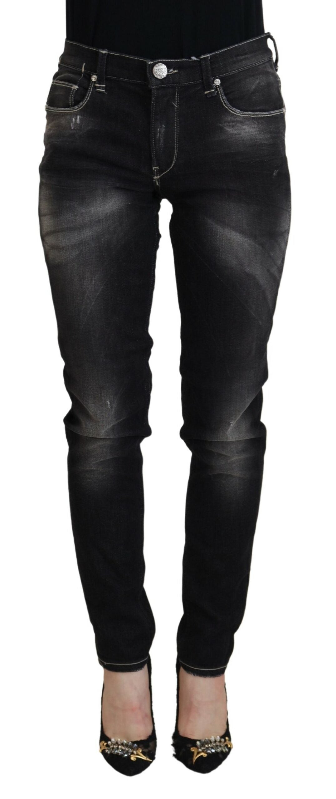 Acht Black Washed Mid Waist Tapered Damen Casual Denim Jeans