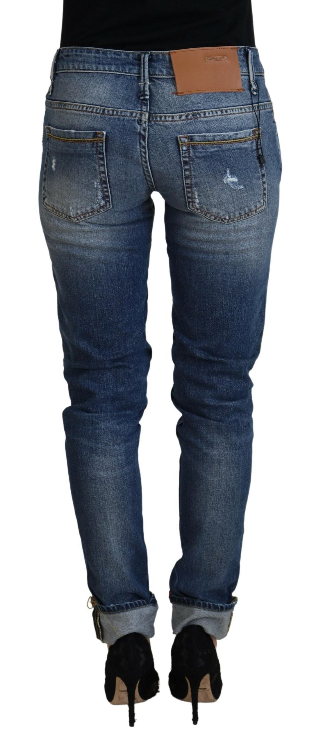 Acht Blaue verwaschene Baumwolle Low Waist Damen Casual Jeans