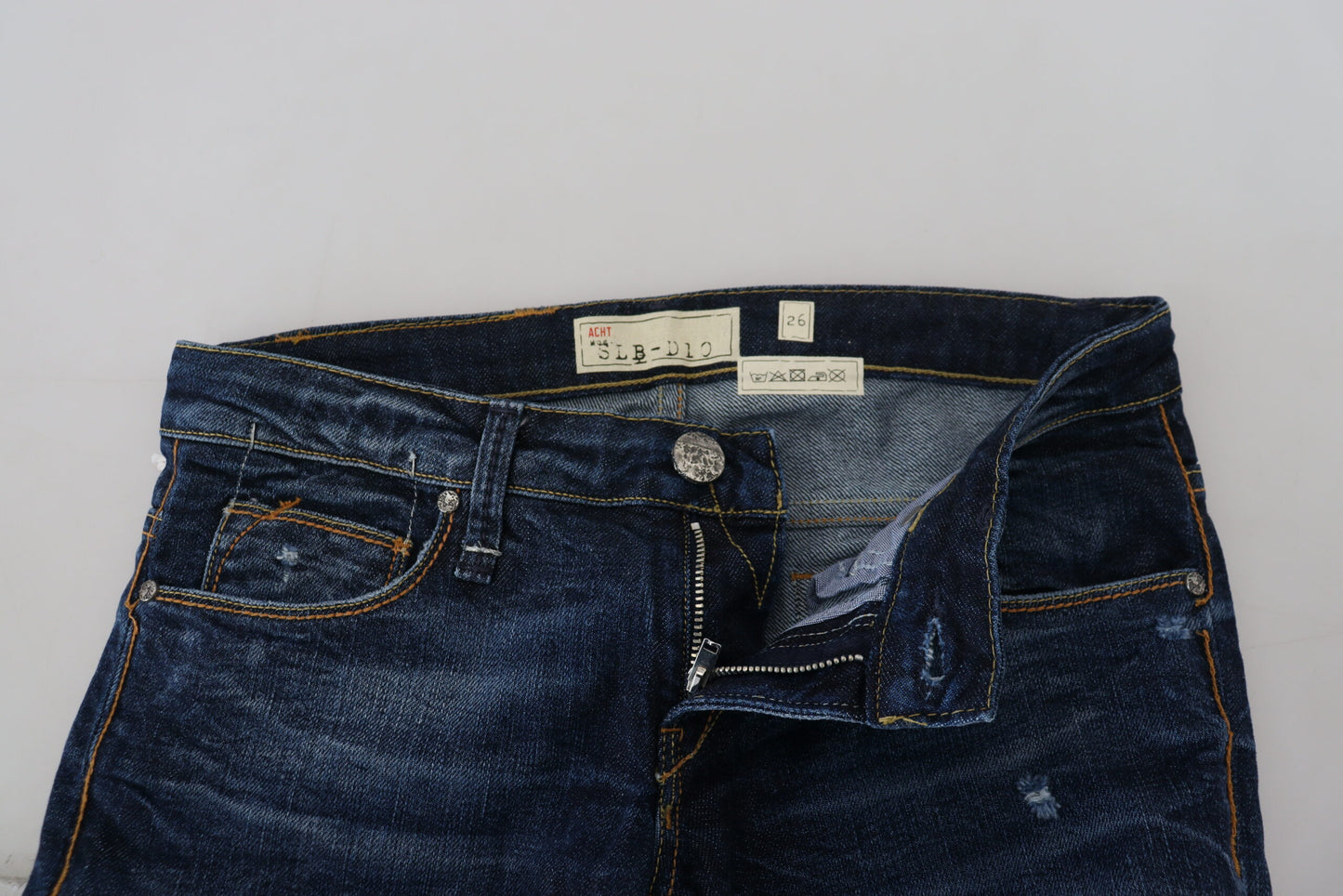 Acht Blaue verwaschene Baumwolle Low Waist Damen Casual Jeans