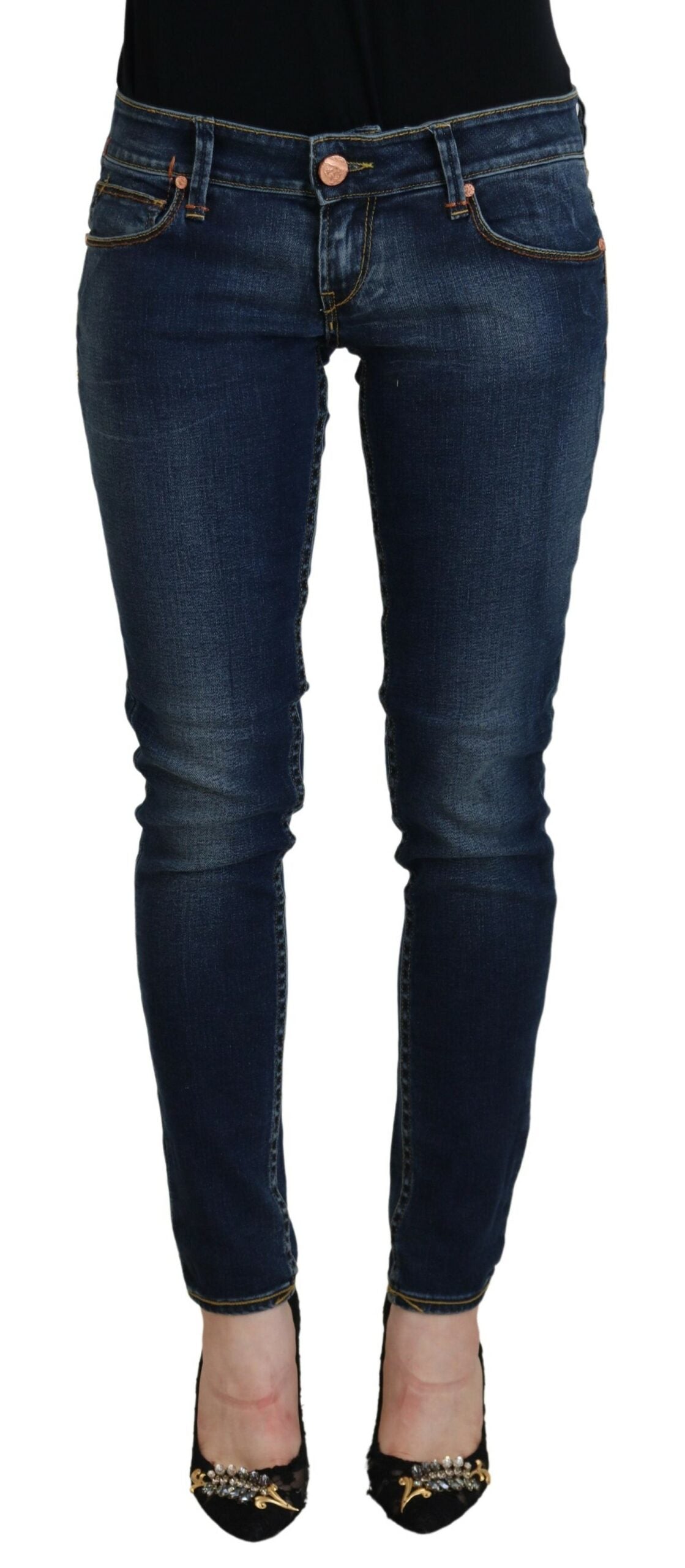 Acht Blaue Skinny Jeans aus Baumwolle mit niedriger Taille für Damen