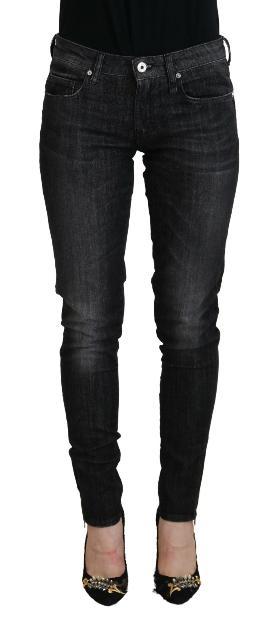 Fiorucci Schwarze Skinny-Jeans aus Baumwolle mit niedriger Taille für Damen