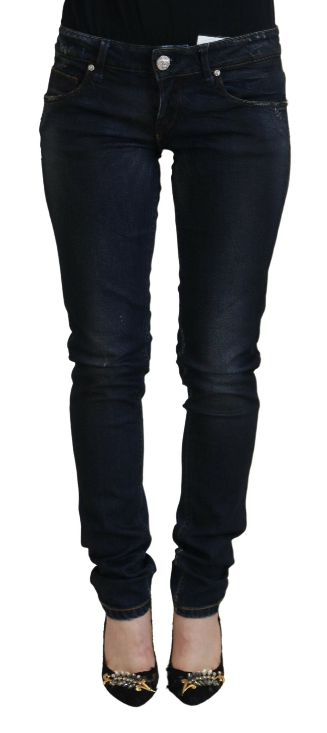 Acht Blaue, schmal geschnittene Damen-Jeans aus Baumwolle mit niedriger Taille