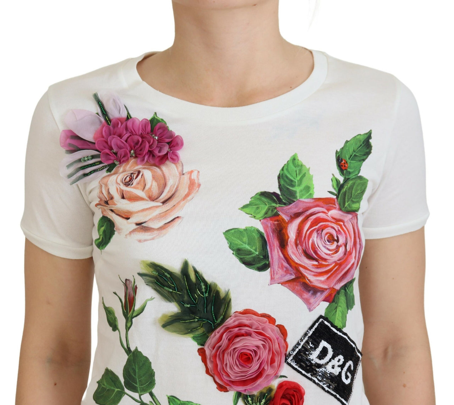 Dolce &amp; Gabbana – Kurzärmliges Oberteil mit weißem Rosen-DG-Logo-Print