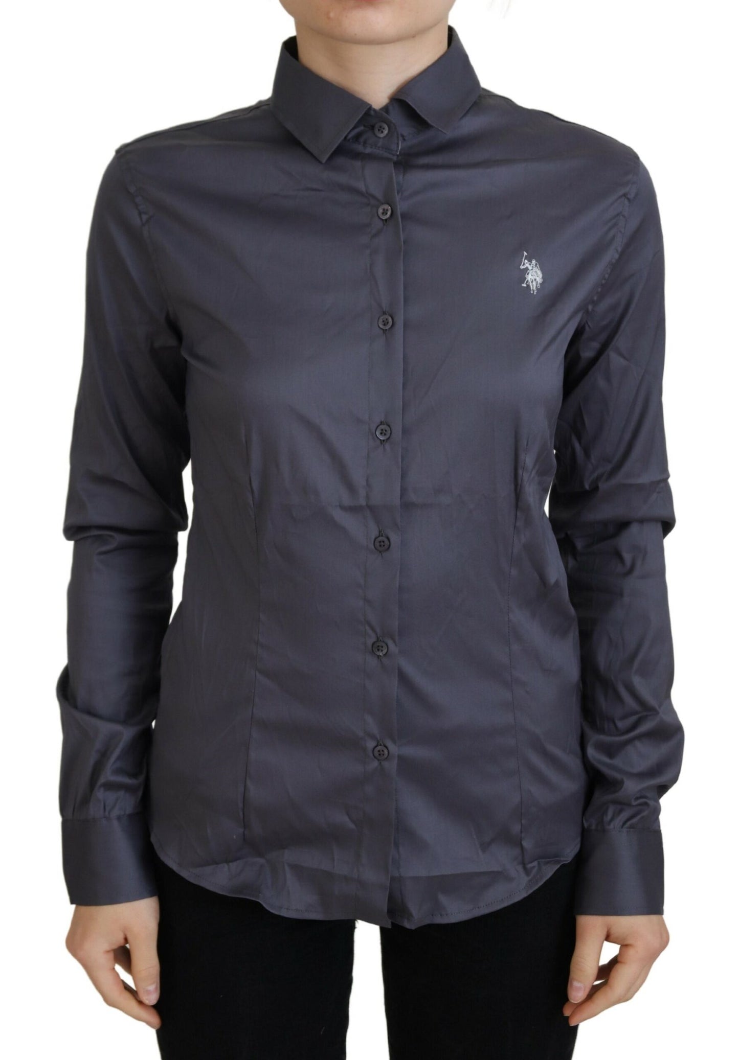 US POLO ASSN. Grau bedrucktes Langarm-Oberteil mit Kragen