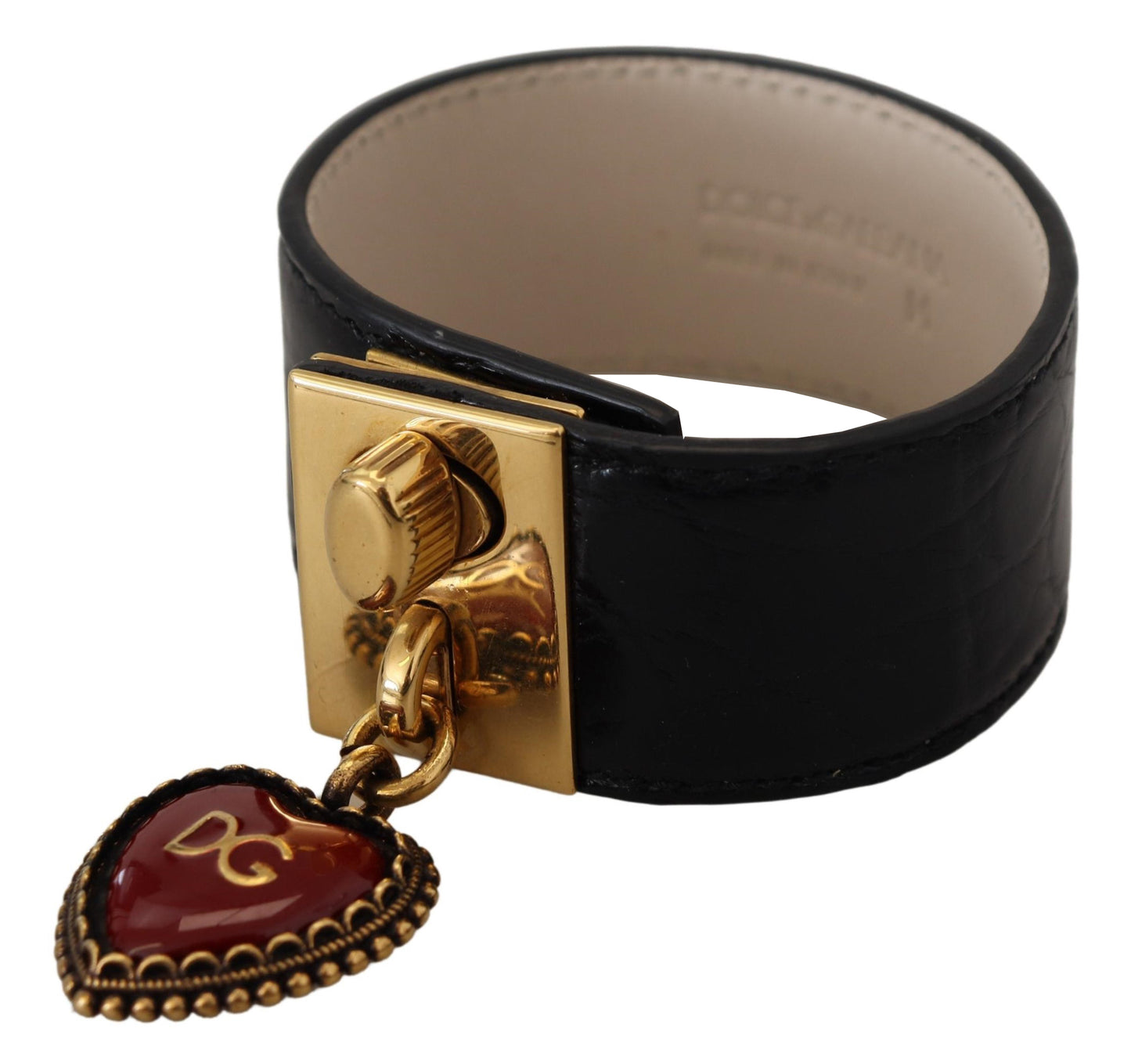Dolce &amp; Gabbana Schwarzes Dauphine-Lederarmband mit DG-Herz-Schlüsselring