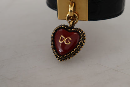 Dolce &amp; Gabbana Schwarzes Dauphine-Lederarmband mit DG-Herz-Schlüsselring