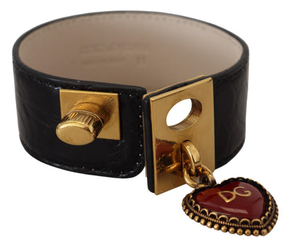 Dolce &amp; Gabbana Schwarzes Dauphine-Lederarmband mit DG-Herz-Schlüsselring