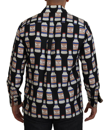Dolce &amp; Gabbana – Schwarzes, bedrucktes Herren-Freizeithemd mit Kragen aus Seide