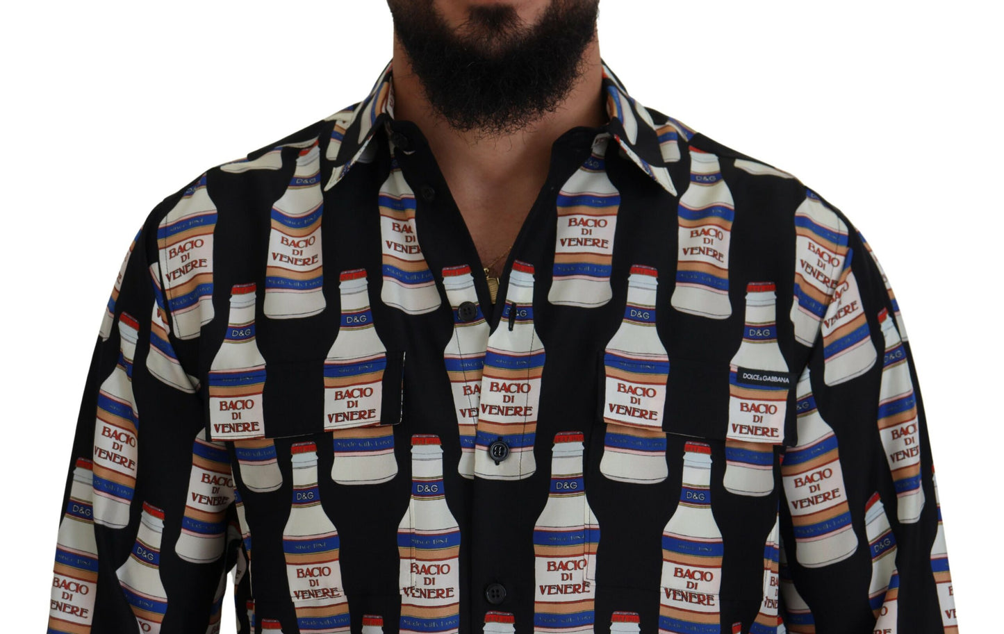 Dolce &amp; Gabbana – Schwarzes, bedrucktes Herren-Freizeithemd mit Kragen aus Seide