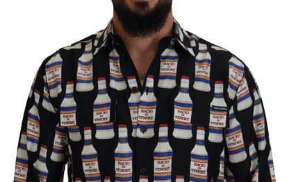 Dolce &amp; Gabbana – Schwarzes, bedrucktes Herren-Freizeithemd mit Kragen aus Seide