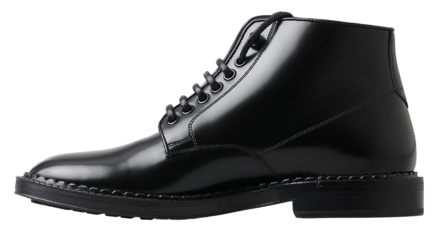 Dolce &amp; Gabbana Herren Kurze Stiefel aus schwarzem Leder mit Schnürung
