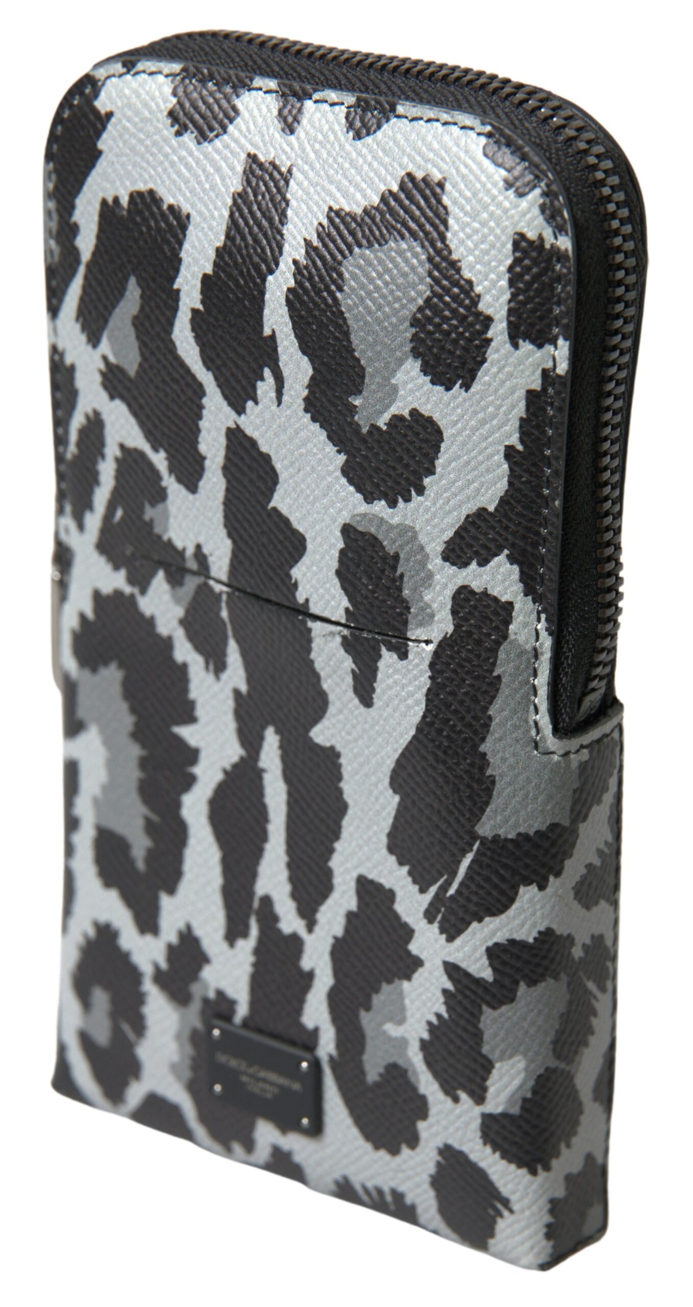 Dolce &amp; Gabbana Graue Leopardenleder Herren Geldbörse Crossbody Sling Handytasche