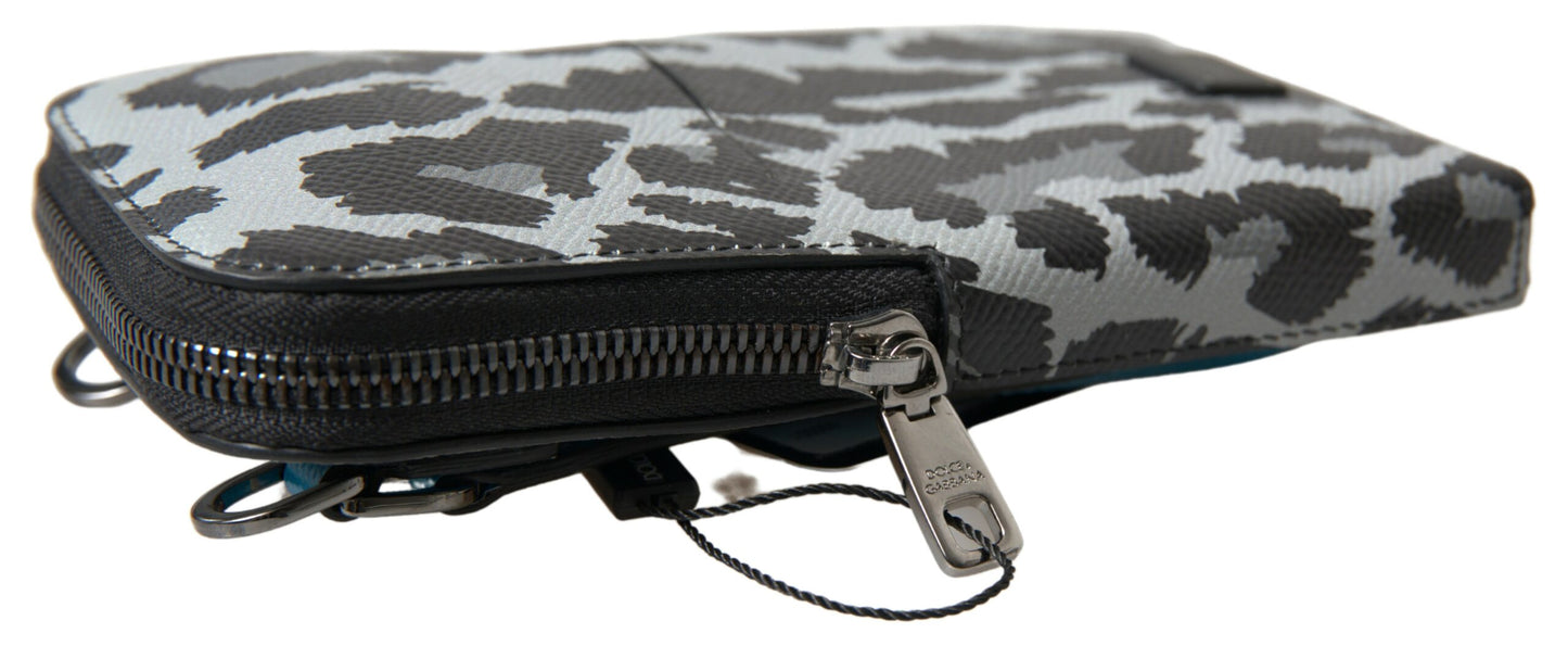 Dolce &amp; Gabbana Graue Leopardenleder Herren Geldbörse Crossbody Sling Handytasche