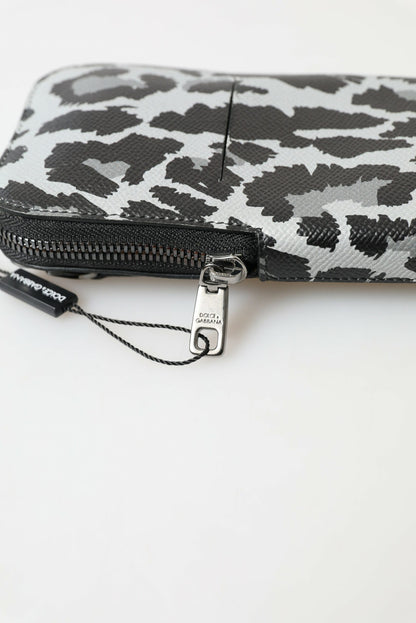 Dolce &amp; Gabbana Graue Leopardenleder Herren Geldbörse Crossbody Sling Handytasche
