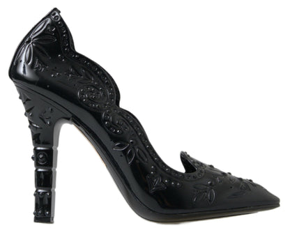 Dolce &amp; Gabbana Schwarze CINDERELLA-Absatzschuhe mit Blumen- und Kristallverzierung