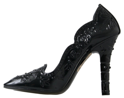 Dolce &amp; Gabbana Schwarze CINDERELLA-Absatzschuhe mit Blumen- und Kristallverzierung