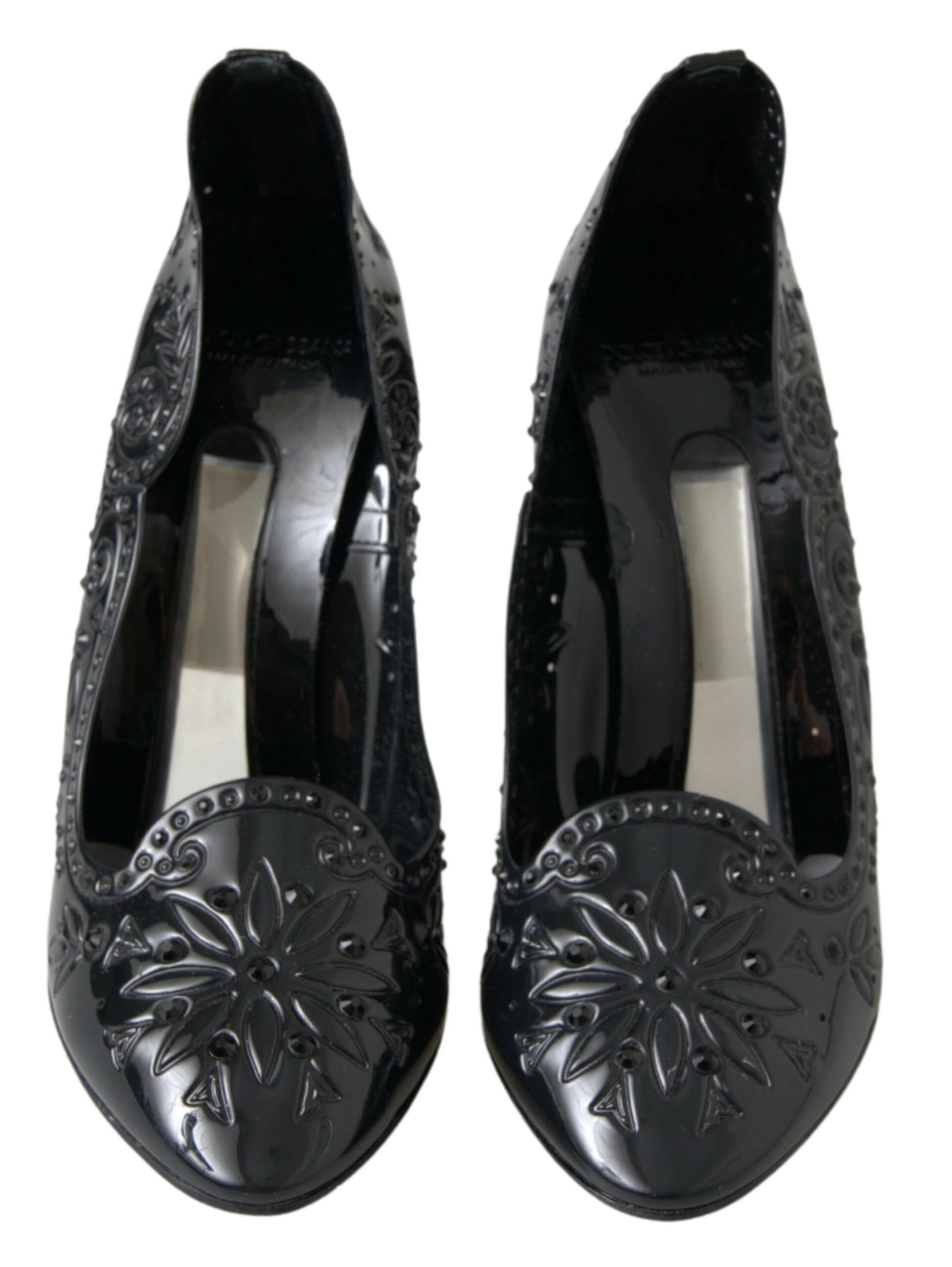 Dolce &amp; Gabbana Schwarze CINDERELLA-Absatzschuhe mit Blumen- und Kristallverzierung