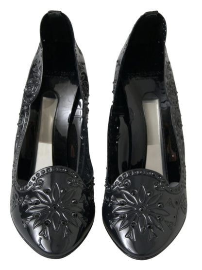 Dolce &amp; Gabbana Schwarze CINDERELLA-Absatzschuhe mit Blumen- und Kristallverzierung