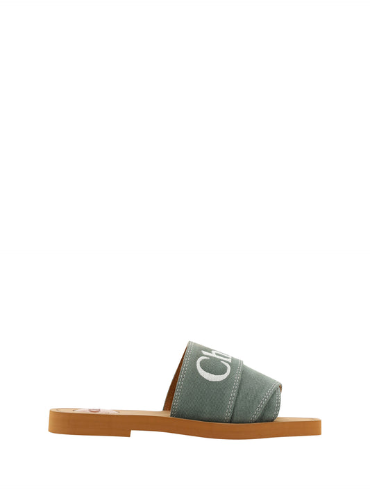 Chloé Elegante waldgrüne Baumwoll-Slides
