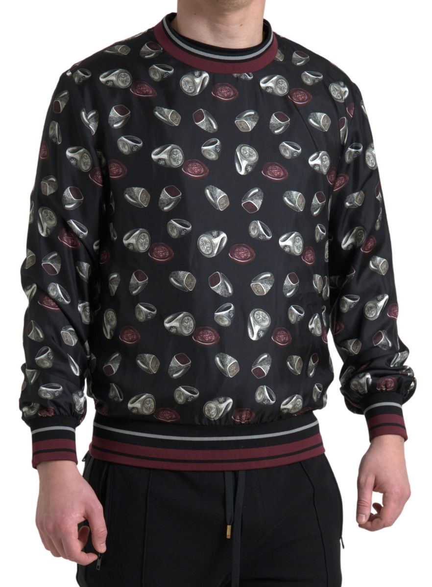 Dolce &amp; Gabbana – Schwarzer Seidenpullover mit Rundhalsausschnitt und Ringprint