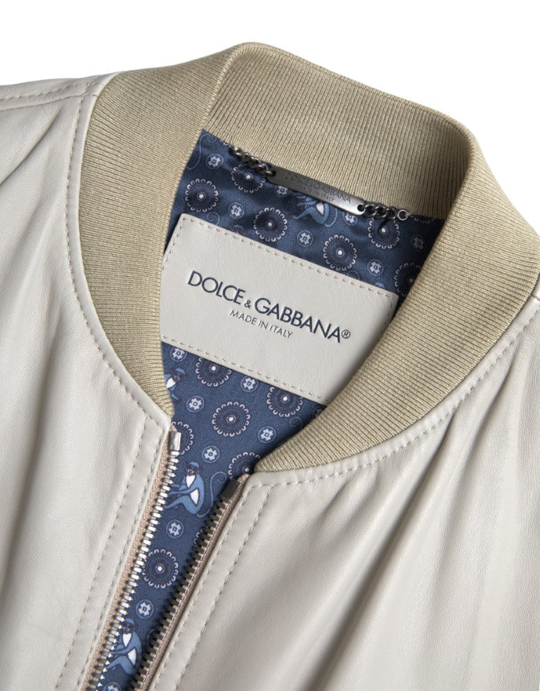 Dolce &amp; Gabbana – Cremefarbene Bomber-Blousonjacke aus Leder mit durchgehendem Reißverschluss