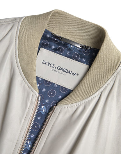 Dolce &amp; Gabbana – Cremefarbene Bomber-Blousonjacke aus Leder mit durchgehendem Reißverschluss
