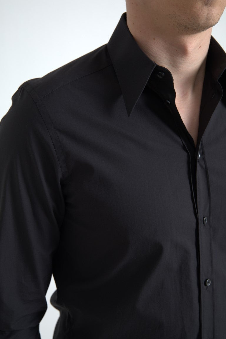 Dolce &amp; Gabbana Schwarzes Herren-Martini-Hemd aus Baumwolle mit langen Ärmeln