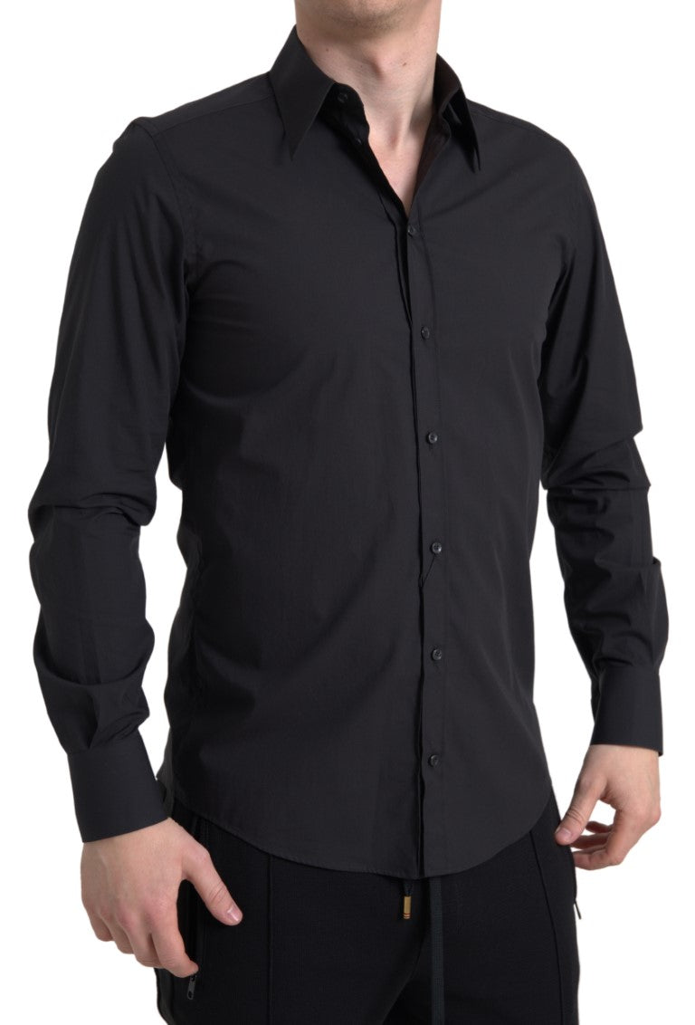 Dolce &amp; Gabbana Schwarzes Herren-Martini-Hemd aus Baumwolle mit langen Ärmeln