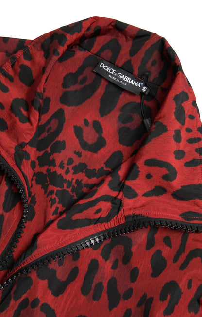 Dolce &amp; Gabbana Roter Nylonpullover mit durchgehendem Reißverschluss und Leopardenmuster