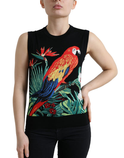 Dolce &amp; Gabbana – Ärmelloses Tank-T-Shirt aus Wollstrick mit schwarzem Vogel