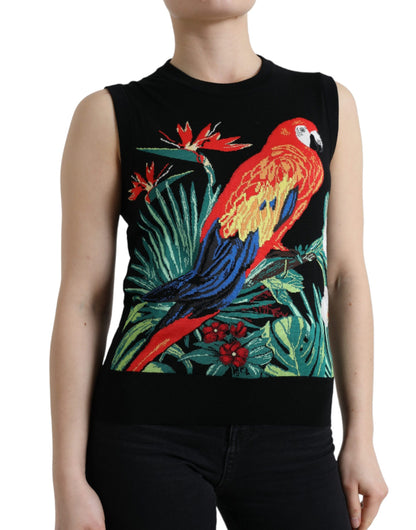 Dolce &amp; Gabbana – Ärmelloses Tank-T-Shirt aus Wollstrick mit schwarzem Vogel