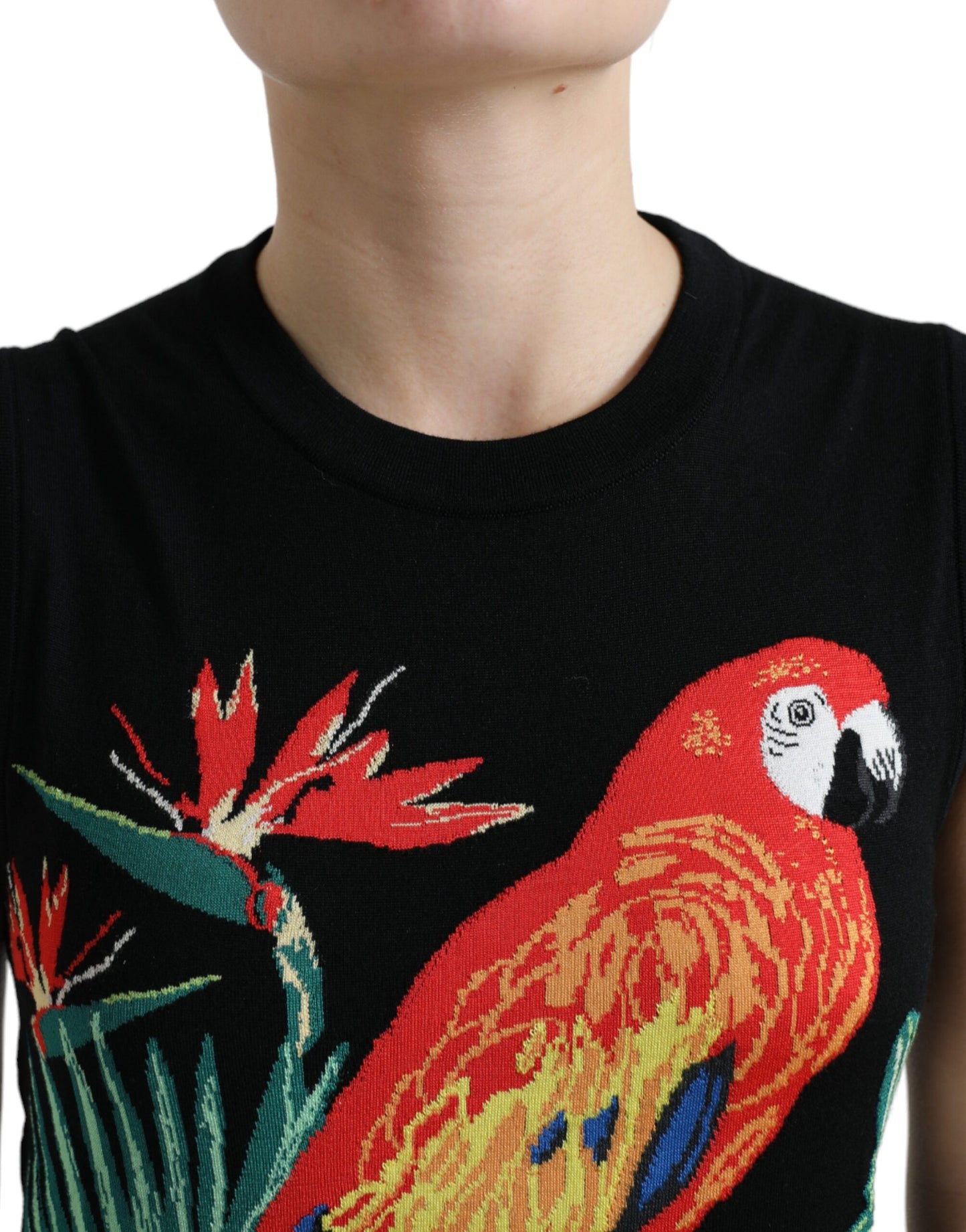 Dolce &amp; Gabbana – Ärmelloses Tank-T-Shirt aus Wollstrick mit schwarzem Vogel