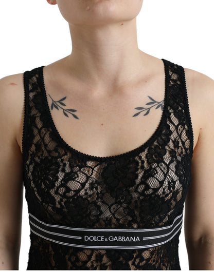 Dolce &amp; Gabbana – Schwarzes, ärmelloses Spitzen-Tanktop mit Logostreifen
