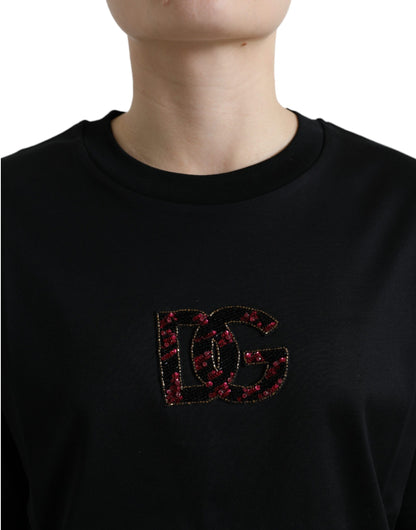Dolce &amp; Gabbana Schwarzes Baumwoll-T-Shirt mit Rundhalsausschnitt und DG-Kristallen
