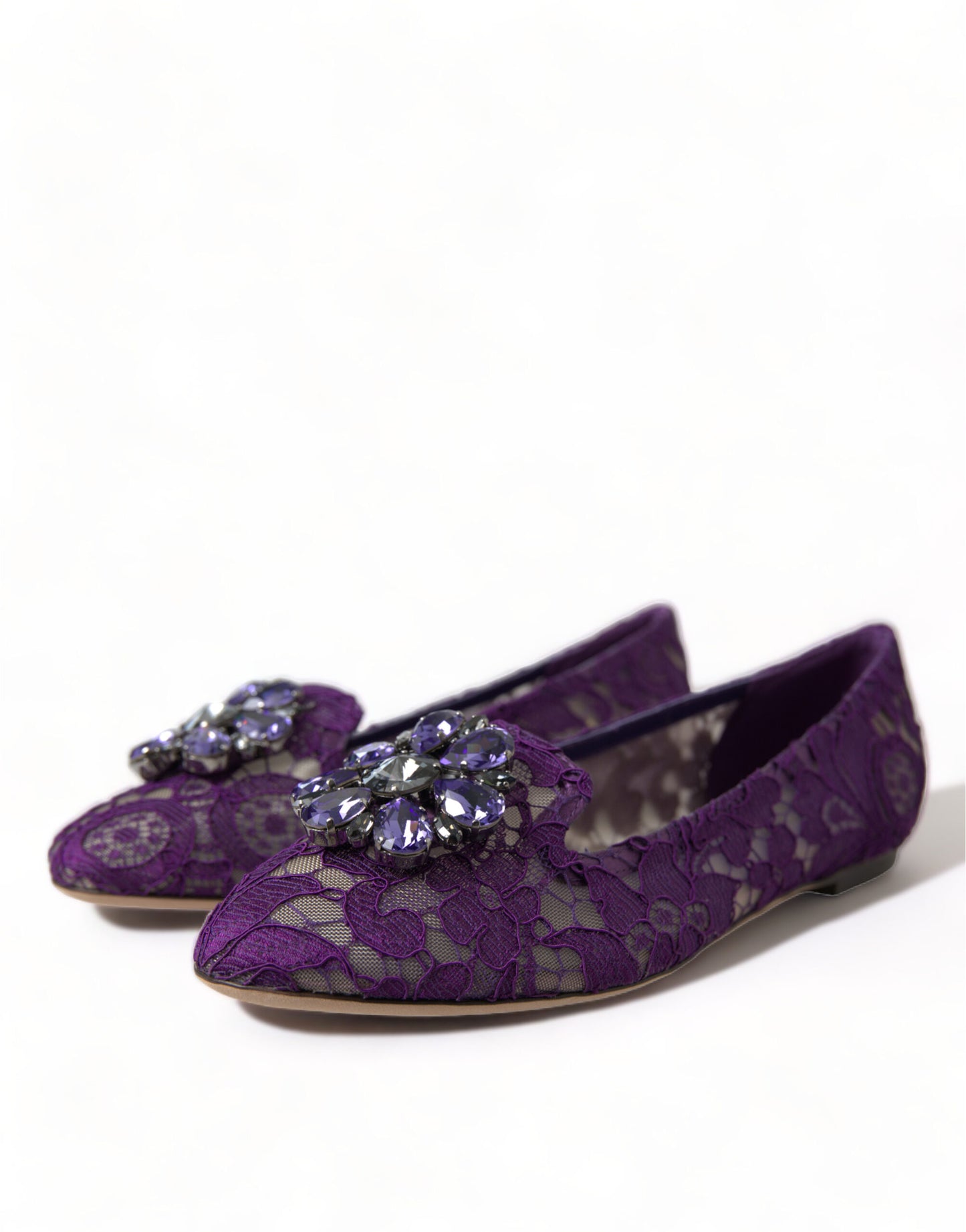 Dolce &amp; Gabbana Lila Vally Taormina Spitze Kristalle Flats Schuhe