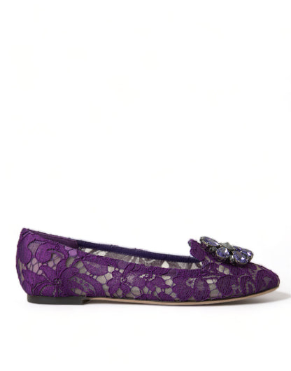 Dolce &amp; Gabbana Lila Vally Taormina Spitze Kristalle Flats Schuhe