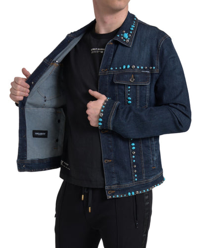 Dolce &amp; Gabbana – Blaue Jeansjacke mit türkisfarbenen Steinen und Nieten