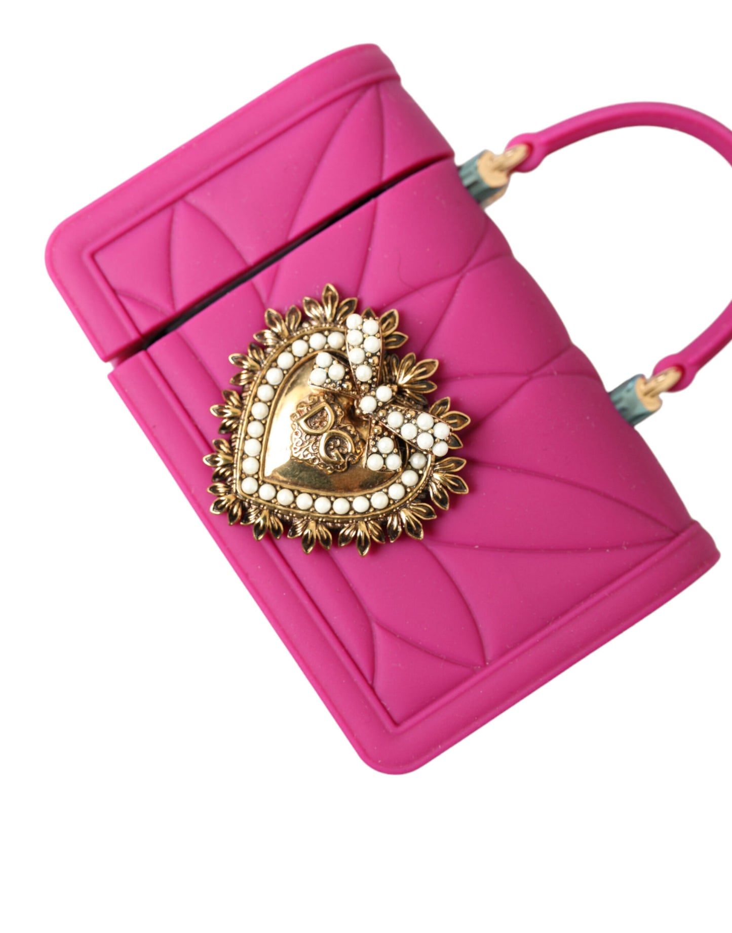 Dolce &amp; Gabbana Devotion Herztasche aus rosa Silikon mit goldener Kette für Airpods