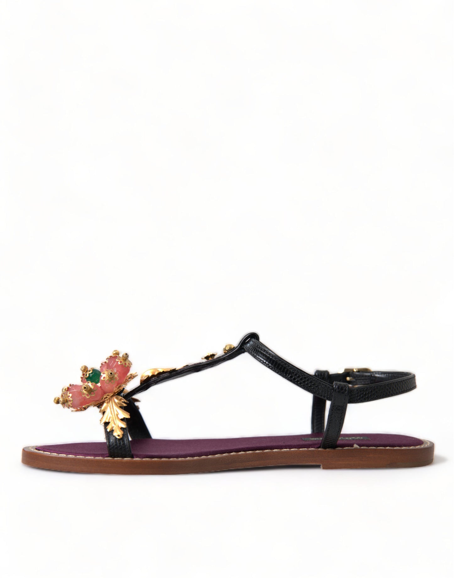 Dolce &amp; Gabbana Schwarze Kristallgold-Sandalen Lederschuhe