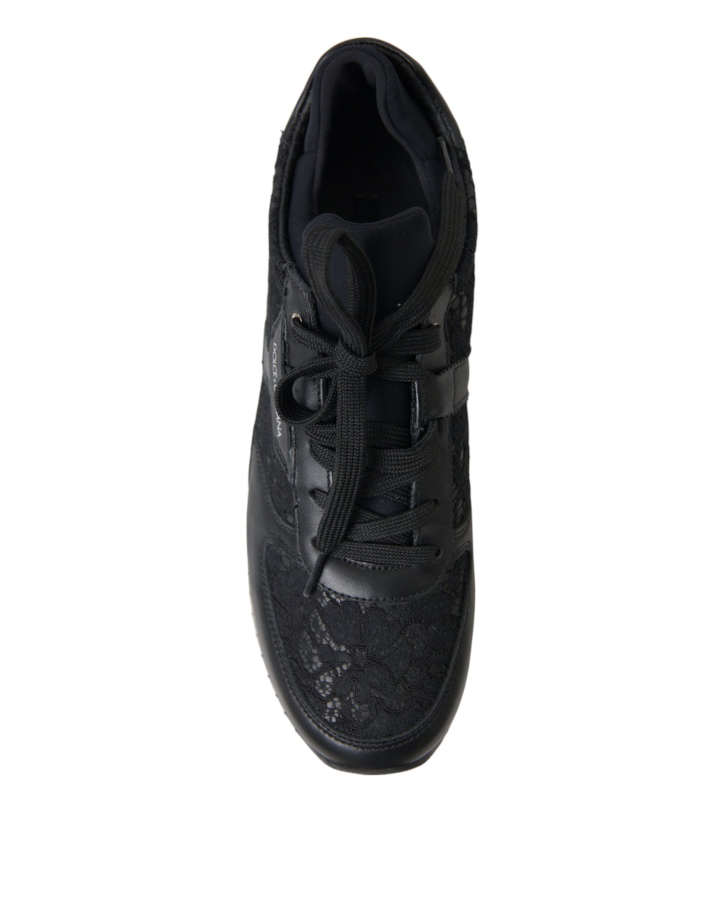 Dolce &amp; Gabbana Schwarze Sneakers aus Leder mit Blumenspitze