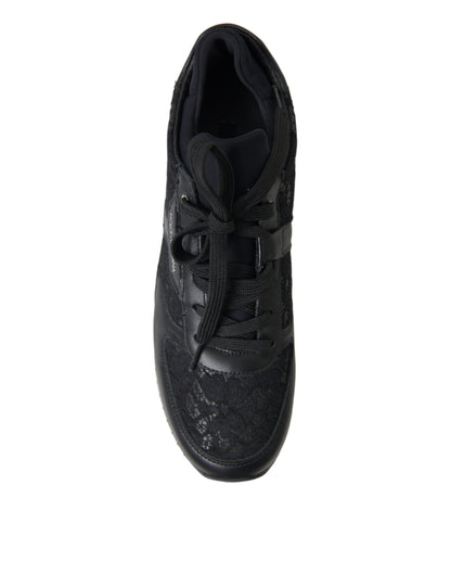 Dolce &amp; Gabbana Schwarze Sneakers aus Leder mit Blumenspitze